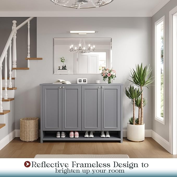 Frameless Bathroom Mirrors for Wall, 48"x32" Beveled Bathroom Mirror for Vanity, Wall Mount Mirror for Bedroom Entryway Living Room Hangs Horizontally or Vertically