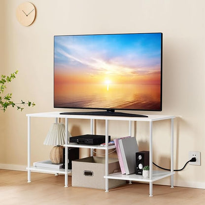 White TV Stand Bedroom with Power Outlets, Small Entertainment Center Stand with Open Storage Shelves for TVs up to 50 Inch, Wood TV Media Console Table with for Living Room, Bedroom