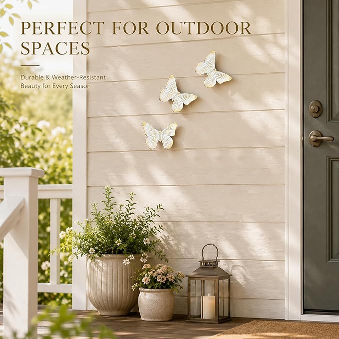 GUSFREUD 3D Butterfly Wall Decor Set – Resin Wall Decorations for Living Room, Bedroom, Garden, Yard, Outdoor and Gallery Walls - Ivory Gold - Set of 3