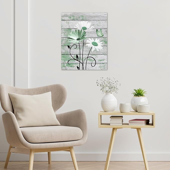 HVEST Country Green Floral Wall Art for Living Room Daisy Flower with Butterfly on Vintage Wood Canvas Wall Art Rustic Farmhouse Wildflower Pictures for Bathroom Bedroom Wall Decor,20L X 16W Inches
