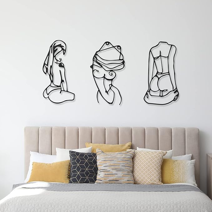 Photect 3 Pcs Metal Wall Art Decor Minimalist Abstract Woman Wall Art Metal Modern Line Drawing Decor Female Single Line Home Hanging for Bedroom Bathroom Living Room Housewarming(Lively,Black)