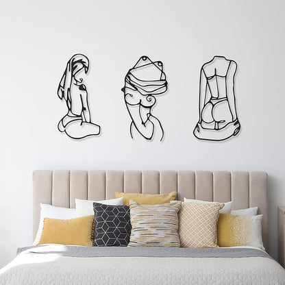 Photect 3 Pcs Metal Wall Art Decor Minimalist Abstract Woman Wall Art Metal Modern Line Drawing Decor Female Single Line Home Hanging for Bedroom Bathroom Living Room Housewarming(Lively,Black)