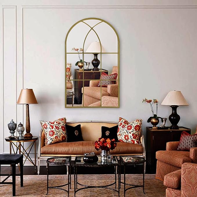 ironsmithn Gold Arched Mirror, 41.3"x24" Windowpane Mirrors, Window Finished Metal Mirror, Black Grid Mirrors for Decor Living Room Fireplace Entryway Bedroom Hallyway