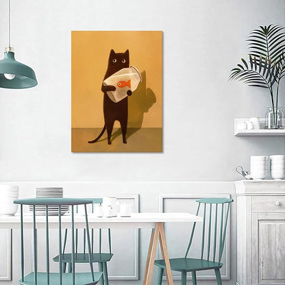 Funny Black Cat Wall Art, Abstract Black Cat and Fish Canvas Poster Print Picture, Cute Animal Wall Decor, Perfect for Cat Lovers for Bathroom Living Room Bedroom Kids Room 12x16in Framed