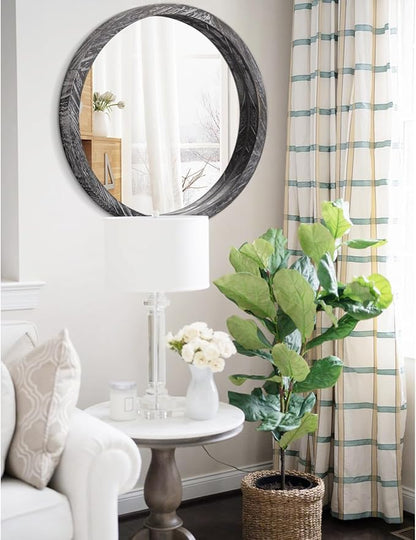 JJUUYOU Round Wall Mirror Circular Wooden Hanging Mirror for Bathroom Large Circle Black Mirror for Decor Wall Mounted Mirror for Farmhouse Living Room Bedroom 24Inch
