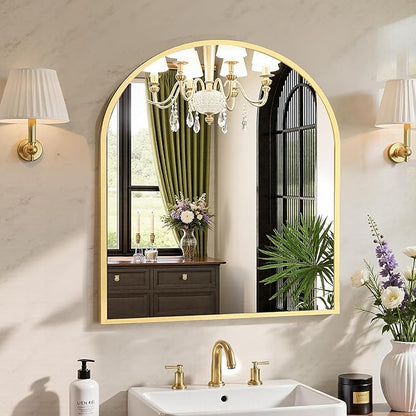 Sweetcrispy 31"x32" Arched Gold Bathroom Mirrors for Wall, Bathroom Mirrors for Over Sink, Metal Framed with HD Shatter-Proof Glass for Entryway, Living Room, Bedroom