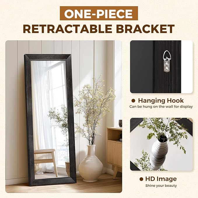 Full Length Mirror 58"x22" - Beveled Edge Rustic Black Dressing Mirror, Solid Wood Frame, Wall Mounted or Leaning for Bedroom, Entryway, Living Room