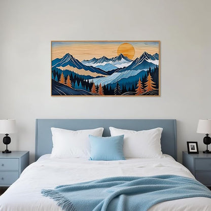 Celestdeco Boho Vintage Mountain Framed Canvas Wall Art Set, Blue Abstract Ridge Wall Decor,Woodcut Pine Tree Landscape Wall Painting,Sunrise Forest Art Print for Living Room,Bedroom,Office-20 X40