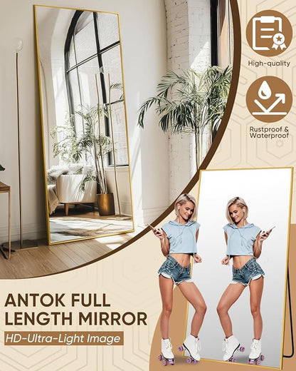Antok Full Length Mirror, 56"x15" Floor Mirror, Floor Standing Freestanding Full Body Mirror with Stand for Bedroom, Hanging Mounted for Living Room Cloakroom, Gold