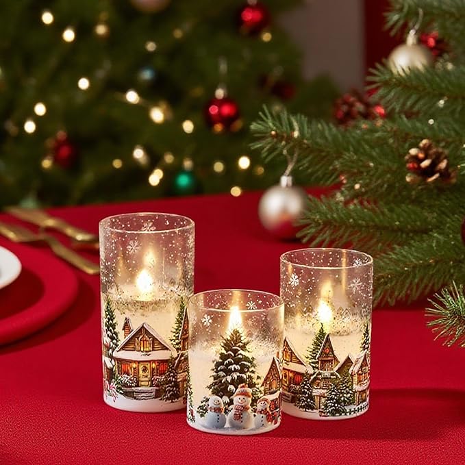 Snowman House Glass Flameless Candles Battery Operated with Remote and Timer Real Wax LED Flickering Pillar Candles Cold White Light Window Christmas Holiday Decor 3" D x 4", 5", 6" H