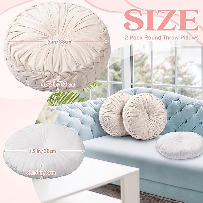 Beeveer 3 Pcs Round Throw Velvet Pillows Classy Accent Pumpkin Throw Pillows 15 Inch Decorative Cushion for Couch Chair Bed Car, 2 Styles (White)