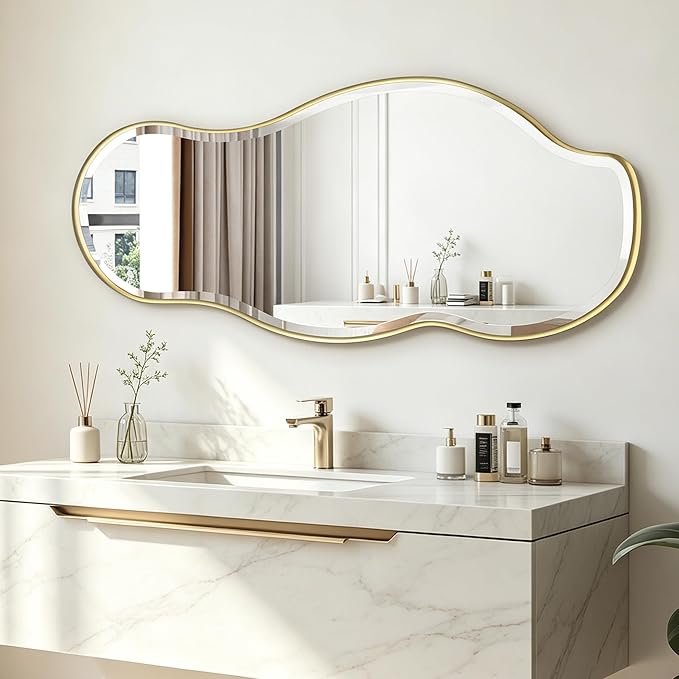 POZINO Irregular Beveled Mirror, 40"x18" Premium Asymmetrical Mirror with Gold Metal Frame, Modern Organic Wall Mirrors for Living Room Bathroom Bedroom Hallway Entryway, Horizontal/Vertical Hanging