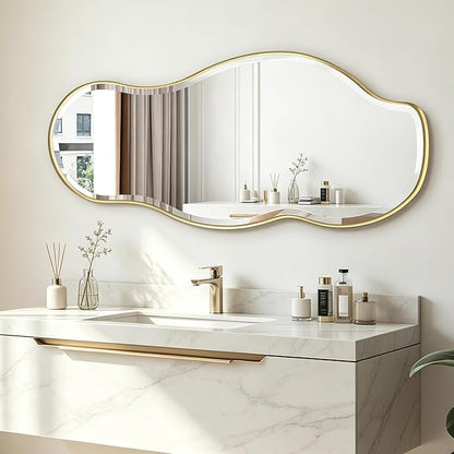POZINO Irregular Beveled Mirror, 40"x18" Premium Asymmetrical Mirror with Gold Metal Frame, Modern Organic Wall Mirrors for Living Room Bathroom Bedroom Hallway Entryway, Horizontal/Vertical Hanging