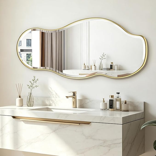 POZINO Irregular Beveled Mirror, 40"x18" Premium Asymmetrical Mirror with Gold Metal Frame, Modern Organic Wall Mirrors for Living Room Bathroom Bedroom Hallway Entryway, Horizontal/Vertical Hanging