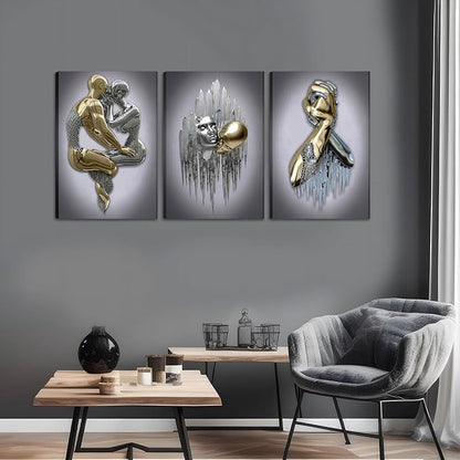 Modern Bedroom Wall Art Set of 3-3D Metal Effect Couple Canvas Paintings Wall Decor, Abstract Figure Statue Art Prints for Living Room Home Decor - 16x24in Framed