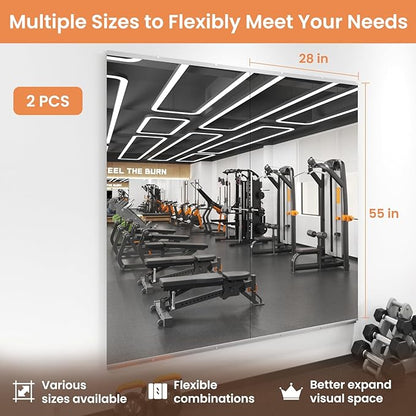 LOAAO Home Gym Mirror, 55"x28"-2 PCS Gym Mirrors for Wall, Frameless, Tempered Glass, Large Workout Mirrors for Home Gym, Dance Studio, Yoga Room, Garage Gym