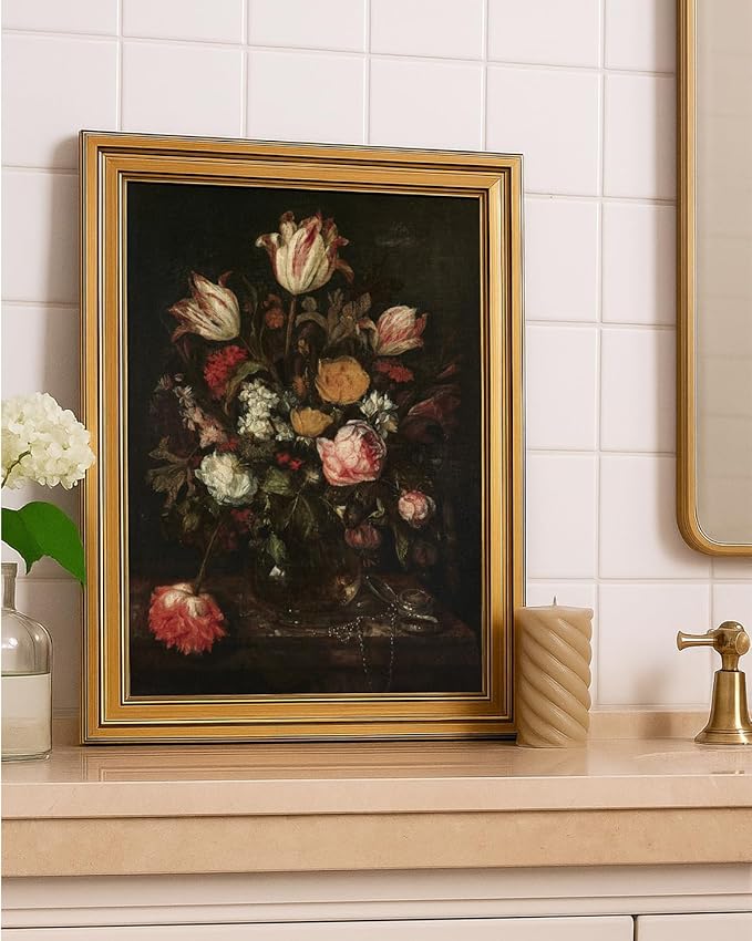 VIYYIEA ﻿Vintage Framed Floral Wall Art, Dark Flower Bouquet Retro Wall Decor, Moody Rose Floral and Tulips Paintings Farmhouse Home Decoration for Living Room Bathroom, 12x16inch