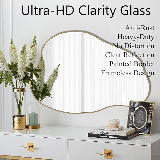 POZINO Gold Irregular Mirror, 30"x20.5" Cloud Shaped Mirrors, Asymmetrical Wall Mirror, Modern Abstract Frameless Mirrors for Living Room Bathroom Bedroom Entryway, Hangs Vertically or Horizontally