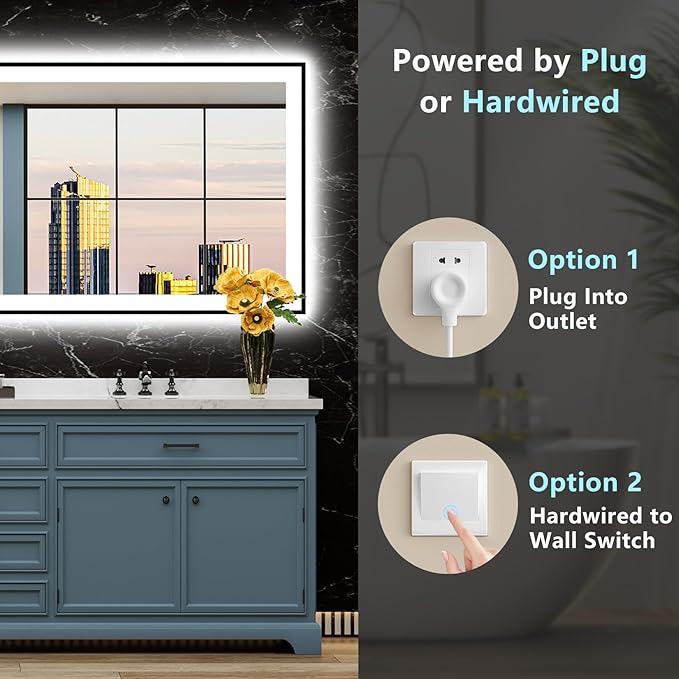 84x32 Black Framed LED Bathroom Mirror with Lights, Backlit and Front Lit Anti-Fog Lighted Vanity Mirrors for Bathroom Wall, Dimmable, 3 Colors, Memory, HD Tempered Glass, Horizontal/Vertical