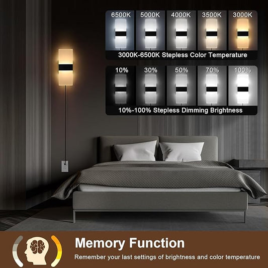 GOODATE Plug in Wall Sconce with Stepless Adjustable 3000K-6500K Colors and 10%-100% Brightness, 12W Acrylic LED Wall Light with Remote, Hardwire or Plug-in (1 Pack, Black)