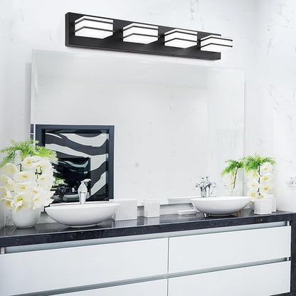 GOODATE 3 Color Temperature Dimmable Bathroom Light Fixtures Over Mirror, LED Black 4 Light Vanity Lighting Fixtures, Acrylic Stainless Steel Square Shade Vanity Lights for Bathroom, ETL Certificated