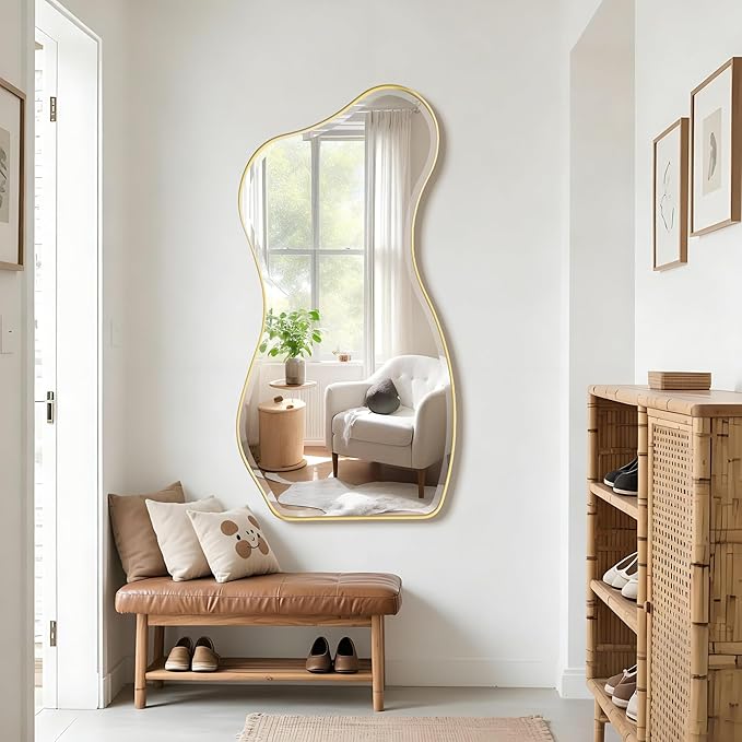 POZINO Irregular Beveled Mirror, 53"x25" Large Asymmetrical Aesthetic Wall Mirror with Gold Metal Frame, Premium Organic Shaped Mirrors for Living Room Bedroom Hallway Entryway, Leaning/Wall-Mount