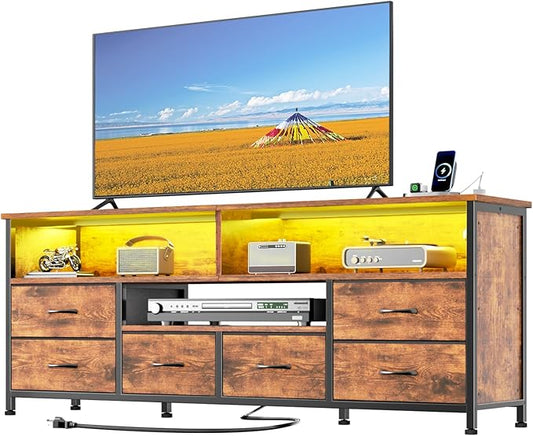 Furologee 55 Inch LED TV Stand for Bedroom with Power Outlets, Entertainment Center with 6 Fabric Drawers for 50/55/60 inch TVs, Dresser TV Stand Long Console Media Table for Living Room, Rustic Brown