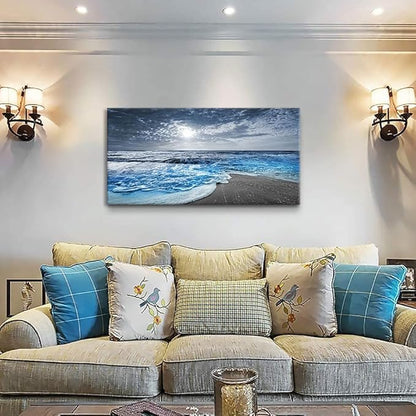 Bamdeya Canvas Wall Art for Bedroom Beach pictures for Living Room Wall Decor Blue Poster Ocean Decor Large Size Seascape Paintings Prints Office Artwork Framed Kitchen Decorations 24x48