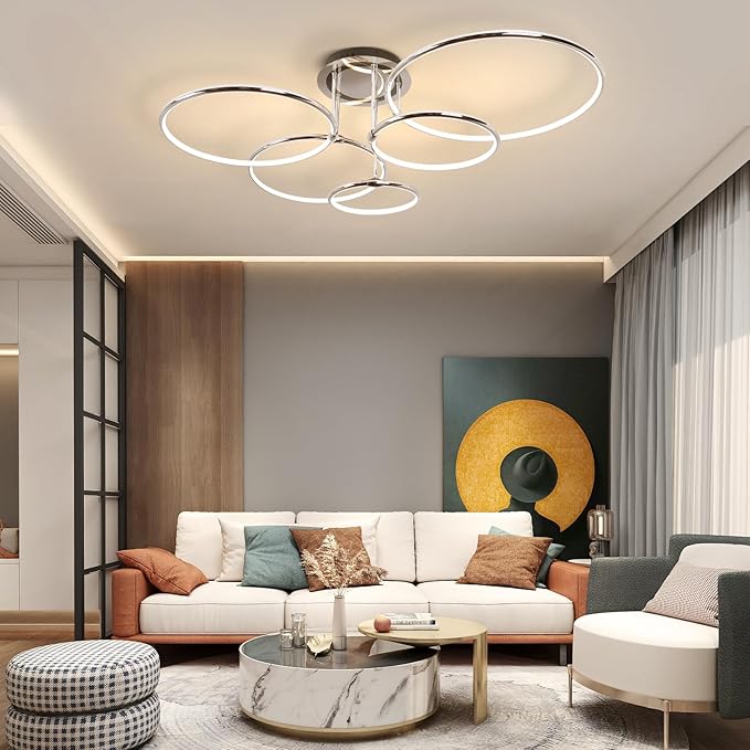 CANEOE Modern Ceiling Light Fixture,Chrome Dimmable Led Ceiling Light with Remote Control for Living Room,5 Rings Flush Mount Ceiling Lamp for Living Room Bedroom Kitchen Lighting Fixtures Ceiling