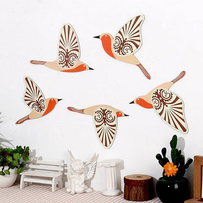 KOYILTD 5 Piece Bird Wood Wall Sculptures Wooden Wall Art Decor Scandinavian Home Decorations Flying Bird Wall Decor Farmhouse Wall Art for Home Living Room Bathroom Dining Room (Orange)
