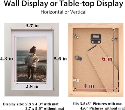 KINLINK 4x6 Frame Light Grey, Solid Wood 4 x 6 Picture Frame with Acrylic Plexiglass for 3.5x5 with Mat, Tabletop and Wall Display Photo Frames 4x6 Grey, 4 Pack