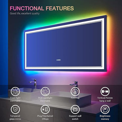 60x30 Inch LED Bathroom Mirror with Lights, Color Changing RGD Backlit and Front Light Mirror,Lighted Vanity Mirrors for Bathroom Wall, Dimmable, Anti-Fog,Shatterproof,Memory