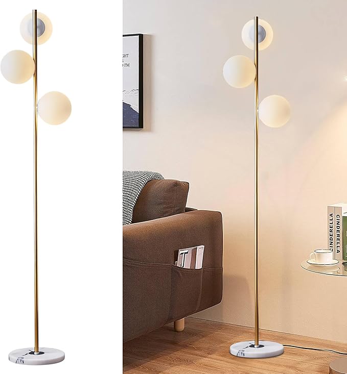 BOKT Modern 3-Lights Globe LED Floor Lamp Mid Century Brushed Gold Tall Standing Light Frosted White Glass Sphere Standing Lamp Traditional Anti Brass Corner Freestanding Lamp