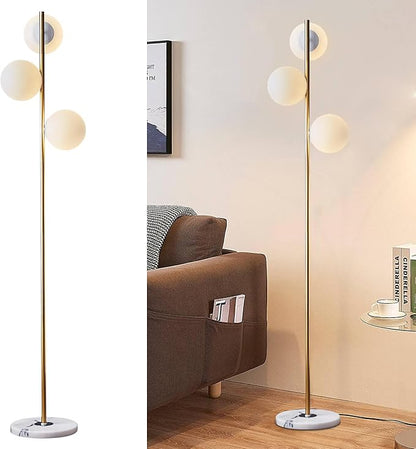 BOKT Modern 3-Lights Globe LED Floor Lamp Mid Century Brushed Gold Tall Standing Light Frosted White Glass Sphere Standing Lamp Traditional Anti Brass Corner Freestanding Lamp