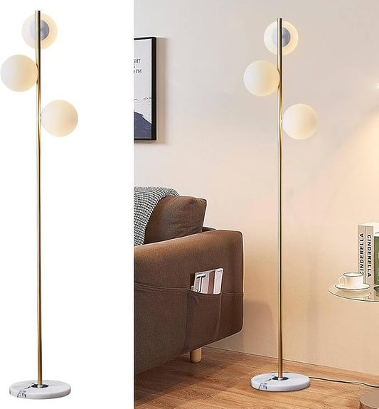 BOKT Modern 3-Lights Globe LED Floor Lamp Mid Century Brushed Gold Tall Standing Light Frosted White Glass Sphere Standing Lamp Traditional Anti Brass Corner Freestanding Lamp