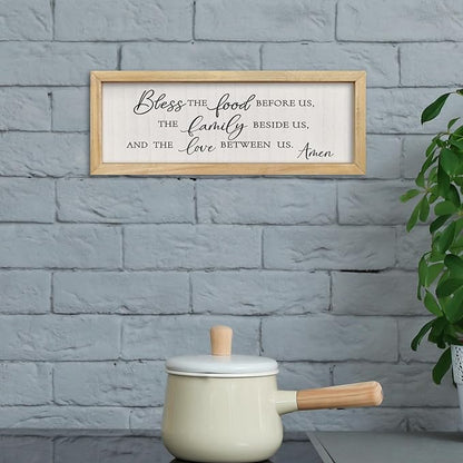 comurdyo Modern Religious Holy Dining Room Bless the Food Before Us Prayer Sign Wall Decor 16"×6" Framed Wood for Small Rustic Minimalist Christian Catholic Kitchen Wall Art Hanging (Wood)