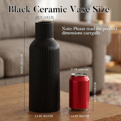 Large Black Tall Ceramic Vase,Modern Smooth Vertical Ribbed, Nordic Minimalist for Pampas Dried & Fresh Flowers, Home Decor for Living Room, Coffee Table, Bookshelf, Entryway, Farmhouse