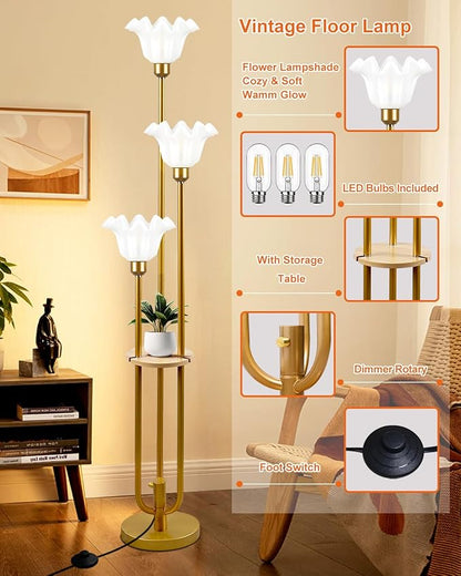 Flower Floor Lamp for Living Room, Vintage Dimmable Floor Lamp with Shelf & LED Bulbs, 3 Light 3000K Warmwhite Mid Century Gold Floral Standing Tall Lamp with 5Lbs Heavy Base for Bedroom