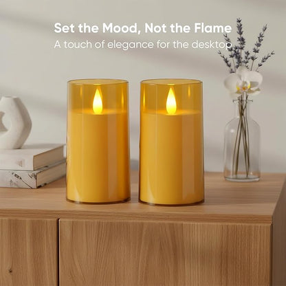Amagic 3"×5" Gold Flameless Candles with Remote and Timer, Realistic Flickering Battery Operated Acrylic Led Fake Candles for Home Wedding Party Fall Christmas Decor, Set of 2