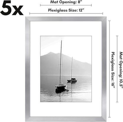 Americanflat 12x16 Picture Frame with Polished Plexiglass - Set of 5 - Use as 8.5x11 Frame with Mat or Display 12x16 Photo Without Mat - Galleria Collection - Picture Frames for Wall Display - Silver