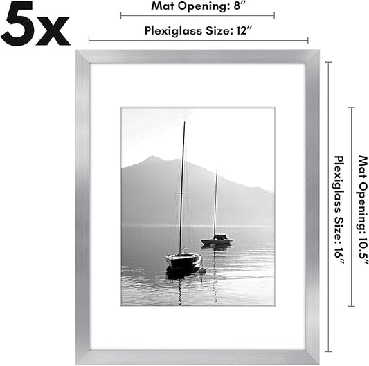 Americanflat 12x16 Picture Frame with Polished Plexiglass - Set of 5 - Use as 8.5x11 Frame with Mat or Display 12x16 Photo Without Mat - Galleria Collection - Picture Frames for Wall Display - Silver