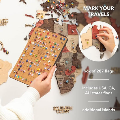 Enjoy The Wood 3D Wooden World Map Wall Art - Large Travel Map with Pins for Art Decor - Decorative Map of the World for Home, Office - Travel Wall Art Housewarming Gift Idea (Fusion, 2XL, Unframed)