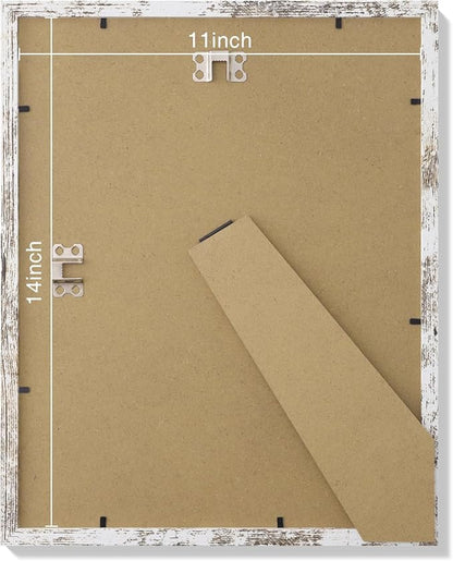 Vittanly 11x14 Picture Frames Set of 9, Shatter Resistant Plexiglass, Display 8x10 Pictures with Mat or 11x14 without Mat, Photo Frames for Wall or Tabletop, Engineered Wood, Distressed White