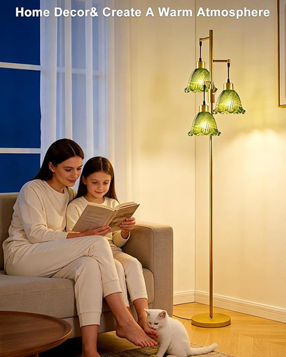 3-Light Modern Glass Floor Lamp, Gold Standing Tall Lamp with Green Lily Glass Shade for Reading, Dimmable LED Floor Lamp with 5Lbs Heavy Base for Living Room Bedroom Home Decor, Bulb Included