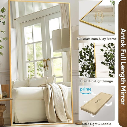 Antok Full Length Mirror,46"x91" Oversized Floor Mirror Freestanding, Full Body Mirrors Floor Standing Mirrors with Stand, Hanging Mounted for Living Room Cloakroom, Gold, Rect Style