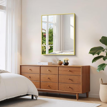 YIROMAN Bathroom Mirror 30"x36", Brushed Gold Bathroom Mirror for Over Sink with Aluminum Frame, Rectangular Vanity Mirror with Right Angle, Wall Mirror Hangs Horizontal or Vertical, Shatterproof