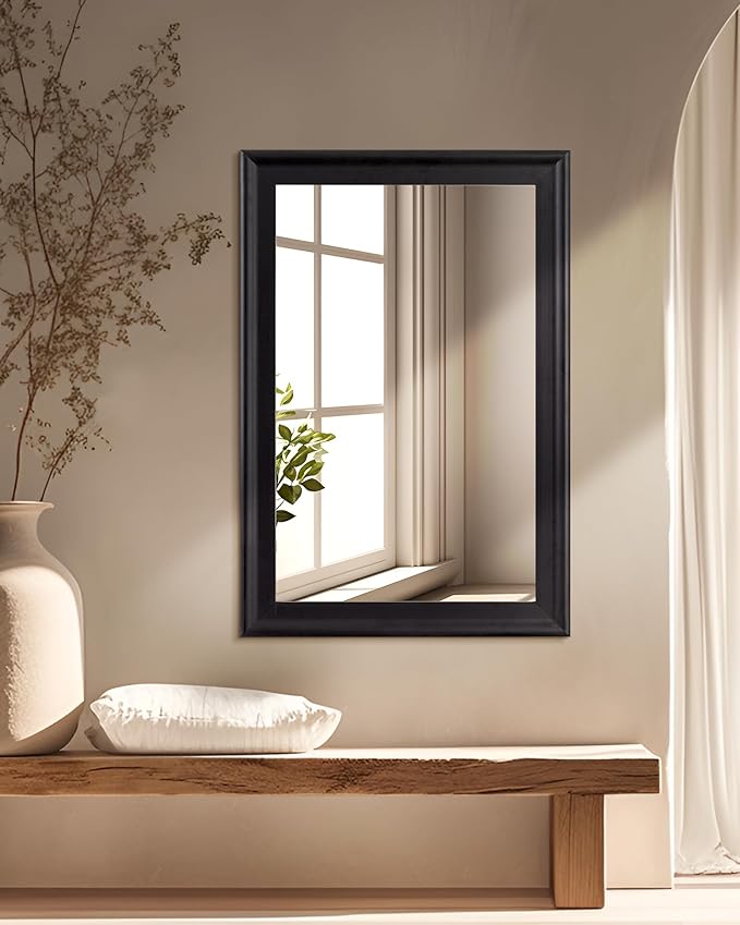 CULER Black Wood Wall Mirror for Bathroom,Rectangle 20 x 30 inch Hanging Vanity Mirrors with Wooden Frame for Living Room,Bedroom,Entryway