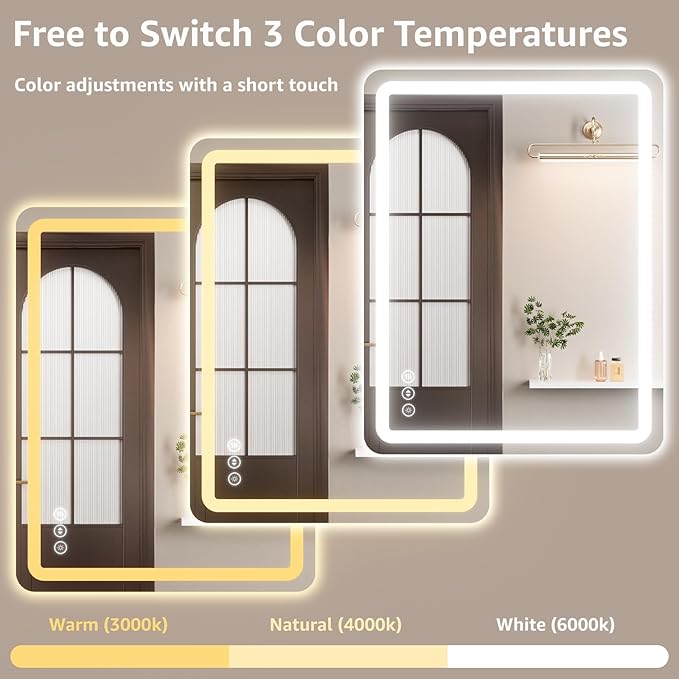 60" x 30" Led Bathroom Mirror with Lights, Anti-Fog & Tri-Color Lighting - Wall Mounted Shaving Mirror with, Waterproof & LED Vanity Mirror,Tempered Glass, Dimmable Mirror