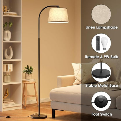 Floor Lamps for Living Room, 64" Arc Floor Lamp with 6000K & Stepless Dimmable,350°H/180°V Rotatable Shade and Remote Control,Black Tall Standing lamps for Bedroom and Office(9W Bulb Included)
