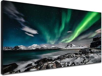 Northern Lights Canvas Print Large Green Picture Aurora Borealis Canvas Wall Art Painting for Living Room SnowyMountainsLandscape Poster Picture Wooden Framed Prints Ready to Hang